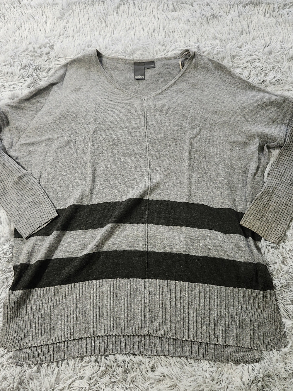 Quinn Gray Striped V-Neck Long Sleeved Sweater